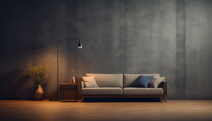 long sofa in an empty room in a simple style with a minimalist fashionable lamp. modern living room interior with sofa.