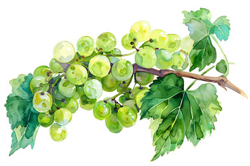watercolor painting realistic Green grapes bunch isolated on white background. Clipping path included.