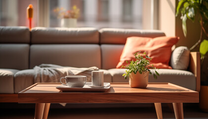 minimal living room with wooden coffee table near the sofa close-up. fashionable interior in modern colors. 