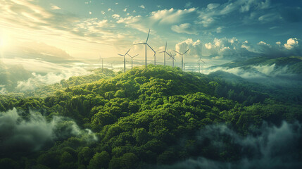 energy transition - wind turbine against sunrise with the silhouette of a family in front
