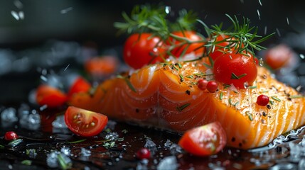 Food A piece of salmon with tomatoes, dill, a tasty recipe - obrazy, fototapety, plakaty