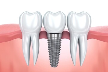 Dental prosthetics and dental clinic concept. An illustration of teeth and a dental bone implant on a white background