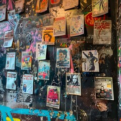 grungy wall with rock show flyers taped all over it