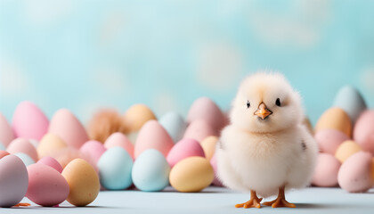 pastel Easter celebration background.chicken on a background of Easter eggs. 