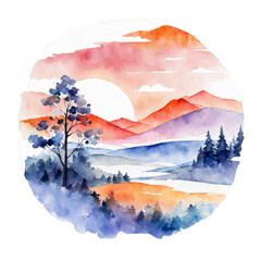  Watercolor illustration of Beautiful landscape, blue orange style color themed, mountains and trees landscape