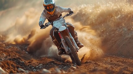 Extreme motocross rider riding on dirt track background