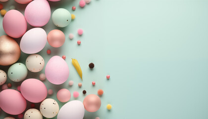 Fototapeta na wymiar pastel Easter celebration background. Easter eggs on a pastel background with space for design.