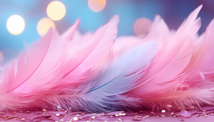 Obraz premium pastel colored feathers with sparkles close-up. background for design with delicate feathers.