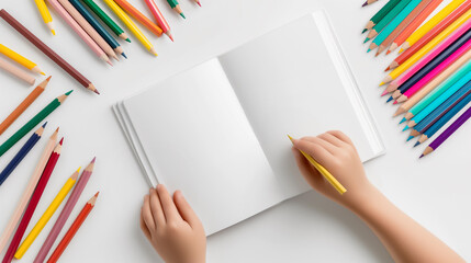 Close-Up of Children's Hands with Coloring Book and Pencils Around. Suitable for children's education concept.