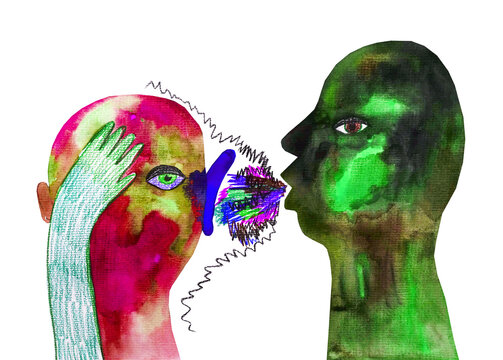 Disegno grafico concettuale su sfondo bianco questioni sociali. Alzare la voce, dire parolacce. Sgridare una persona 