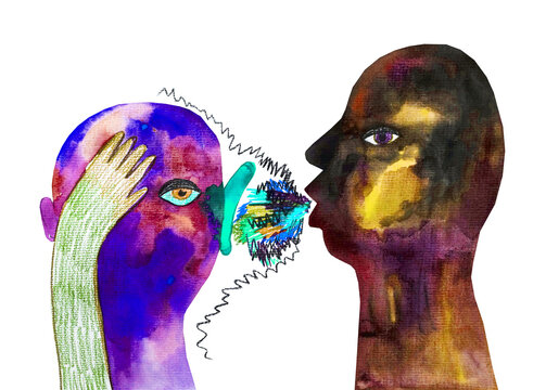 Disegno grafico concettuale su sfondo bianco questioni sociali. Alzare la voce, dire parolacce. Sgridare una persona 