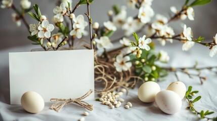 Beautiful spring flowers, Easter eggs and blank white paper sheet for greeting text, light background