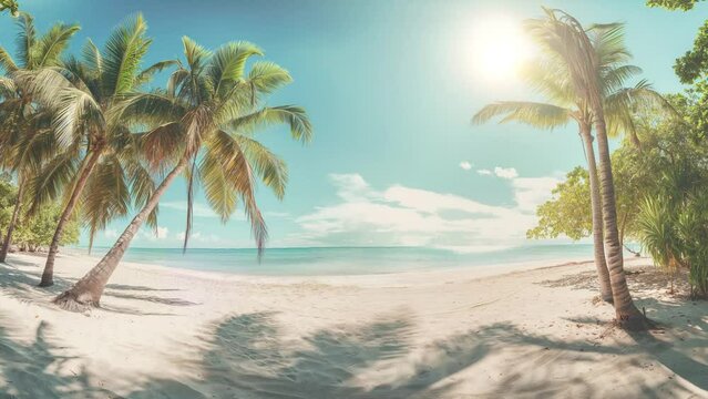 beach scene in sunny bright day. beautiful tropical beach banner white sand and coconut trees. seamless looping overlay 4k virtual video animation background 