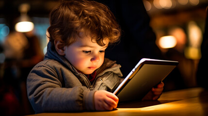 A toddler's fascination with a digital device in a dim room showcases early engagement with technology, reflecting the innate curiosity and adaptability of modern childhood. - obrazy, fototapety, plakaty