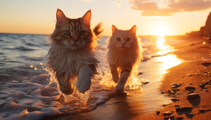 two beautiful cats are running along the seashore at sunset. vacation composition with friend.