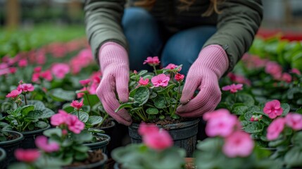 Close up woman hands in pink gloves planting a flower