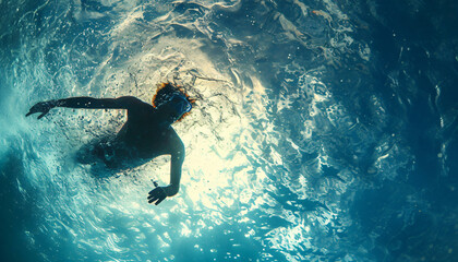 Jumping in at the deep end. Diver with diving goggles in the water photographed from below. Jumping into the unknown. Discovering the underwater world. Activities on vacation. Try something new. - obrazy, fototapety, plakaty