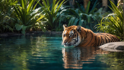 Majestatyczny Tygrys Odpoczywający w Wodzie - obrazy, fototapety, plakaty