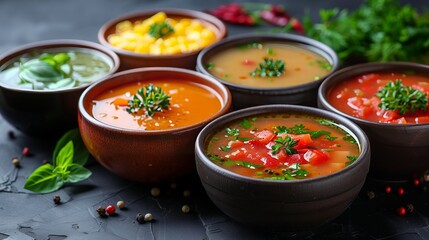 Various types of soup served in bowls on the table