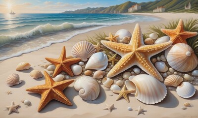Fototapeta na wymiar Seashells and Starfish Painting by the Shore 