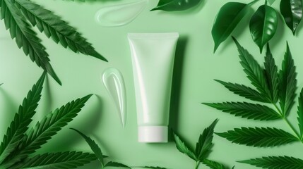 Clear plastic tubes of cosmetic cream in a green colors isolated on a modern background with few cannabis leaves. - obrazy, fototapety, plakaty