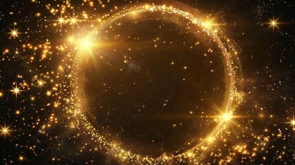circular golden sparkles surrounded on a black background, in the style of silhouettes in space,