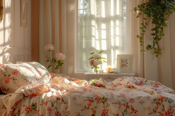 Retro vintage bedroom interior with morning sunlight through window. Vintage bedroom design concept illustration.