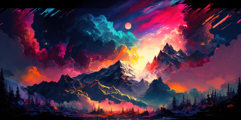 Vibrant dreamscape with this stunning digital art featuring majestic mountains - obrazy, fototapety, plakaty