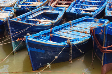 Famous fishing wooden blue boats of the Essaouira. Morocco.