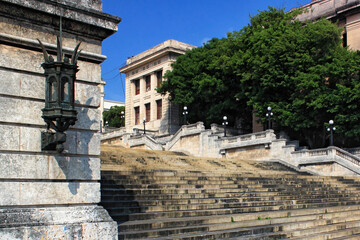View of the central stone staircase and fragments of the building of the University of Havana. Cuba.