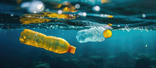 Two plastic bottles are seen floating on the water surface. The bottles are bobbing up and down due to the water movements, contributing to ocean pollution.