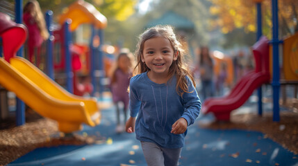 Lebensfreude pur: Kleines Mädchen rennt lachend auf dem Spielplatz - obrazy, fototapety, plakaty