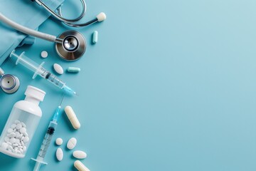 A neatly arranged collection of healthcare tools, including a stethoscope, syringes, and various pills, on a light blue background.