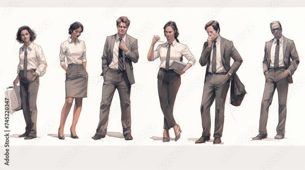 Poster generative ai a set of detailed character sketches presenting a series of businesspersons, both male