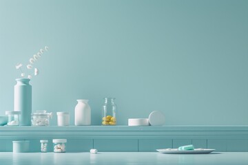 A serene setting with medication bottles, decorative flowers in vases, and scattered pills on a pastel blue shelf, blending healthcare with aesthetics.