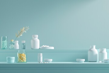 A serene setting with medication bottles, decorative flowers in vases, and scattered pills on a pastel blue shelf, blending healthcare with aesthetics.