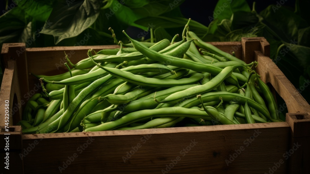 Poster a box overflowing with freshly harvested green beans, close-up realistic photo generative ai