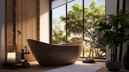 Generative AI A Japanese-style bathroom with a soaking tub, bamboo accents, and minimalist design. photorealistic
