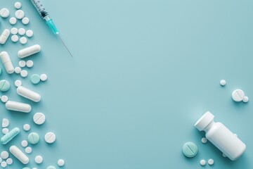 Organized layout of various medication forms and a syringe on a clean, light blue background, representing healthcare and treatment.