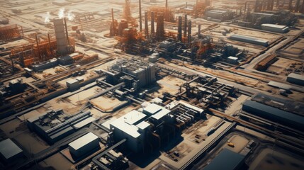 Fototapeta premium Generative AI A bird's eye view of a sprawling industrial complex with factories, warehouses, and bustling activity.