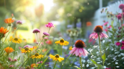 Obraz na płótnie Canvas Cottage garden summer scene, flower beds with typical cottage garden flower, photography