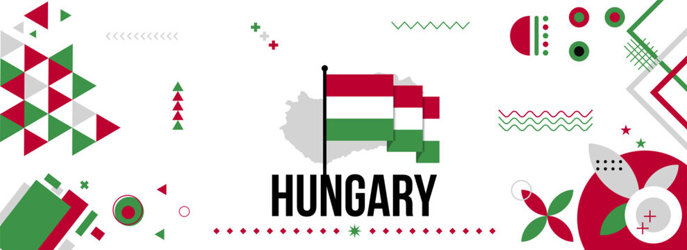 Hungary national or independence day banner for country celebration. Hungarian Flag and map with  Modern retro design with typorgaphy abstract geometric icons. Vector illustration.
