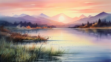 Generative AI A breathtaking sunset over a calm lake with mountains in the background. landscape watercolor