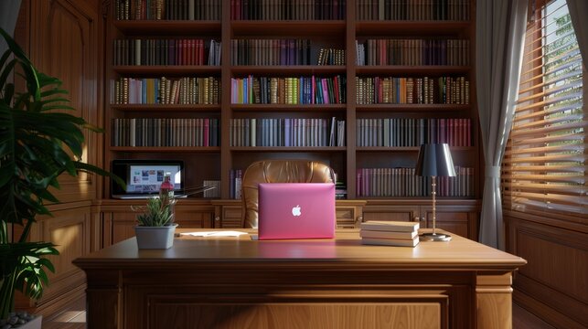 Create an image of a professionally decorated office with a pink MacBook sitting on a desk. 