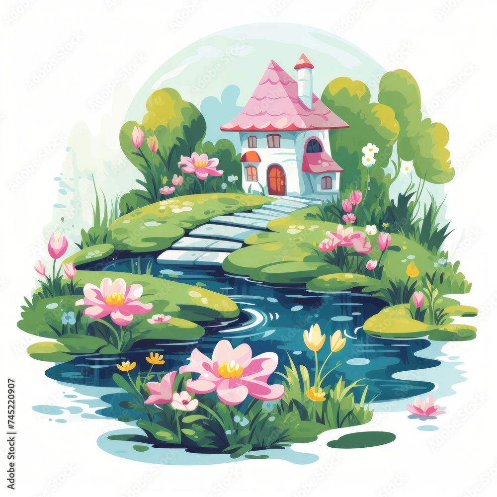 Poster generative ai a charming fairytale dwelling showcasing a tiny pond and a blossoming garden.