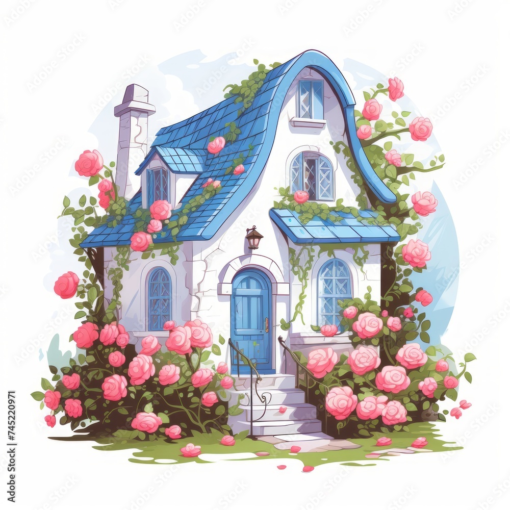 Poster generative ai a charming fairytale home adorned with vibrant climbing roses and a serene white backd