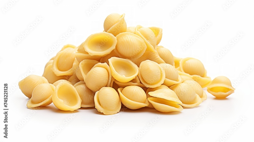 Poster a close-up realistic photo of a heap of orecchiette pasta on a white background generative ai