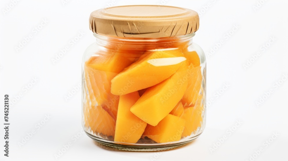 Poster a close-up realistic photo of a glass jar packed with ripe, fragrant cantaloupes against a white bac