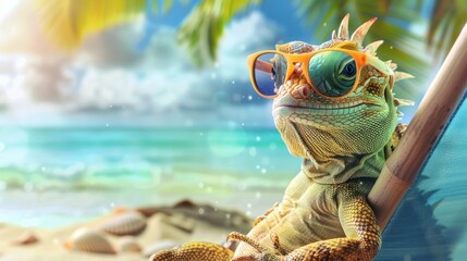 Describe a vibrant image of a lizard relaxing on the beach during vacation. Envision the sunny seaside setting