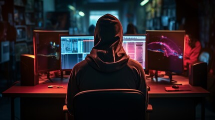 Obraz premium A hacker with hood working on a computer at a desk